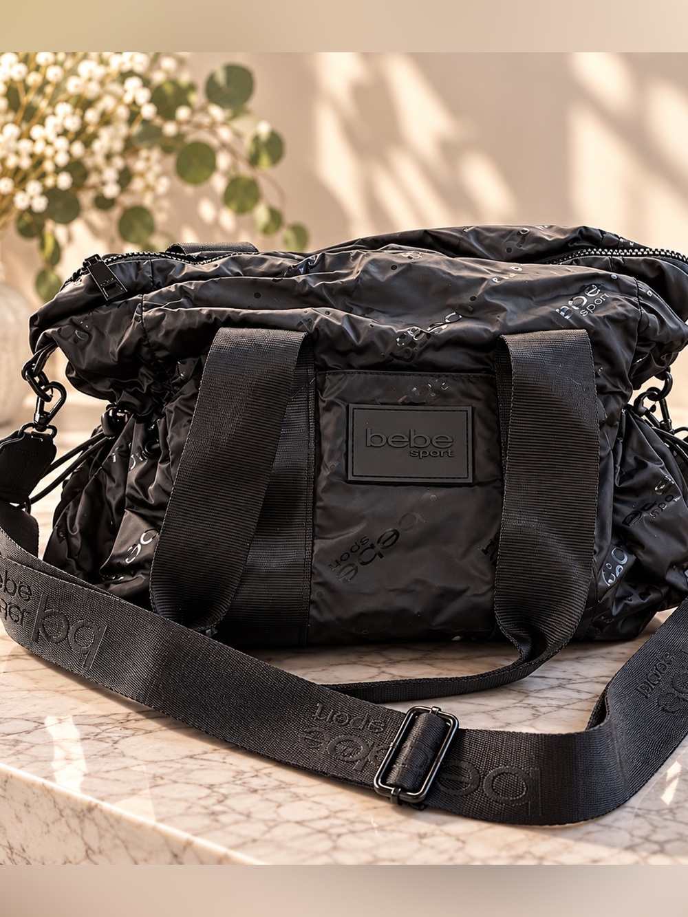 Bebe Sport Becca Black Nylon Gym Travel Duffle Bag Y2K + Mesh Pouch